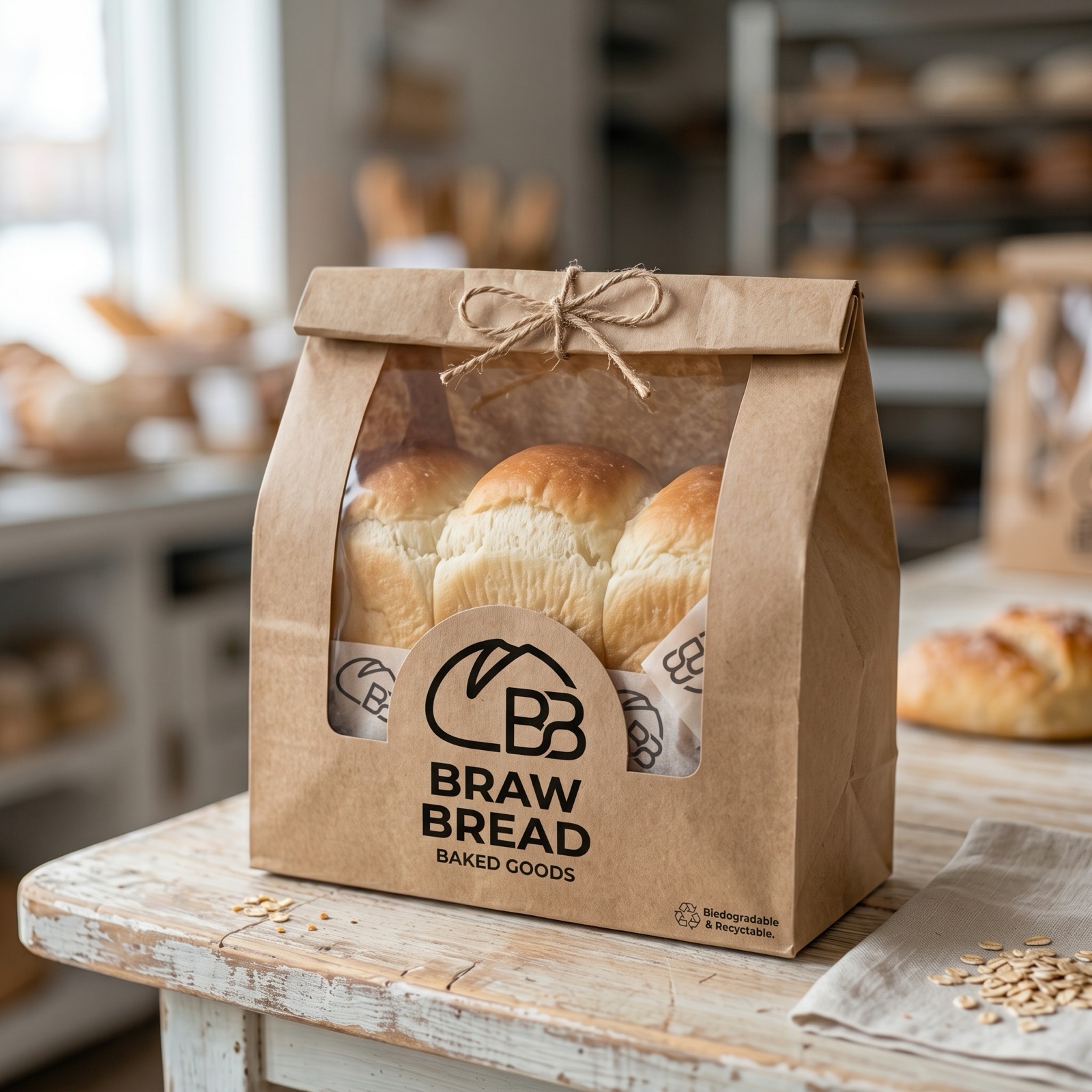 Catherine's Milk loaf packed in a kraft Braw Bread bag with a clear window, showing golden pull-apart milk bread.
