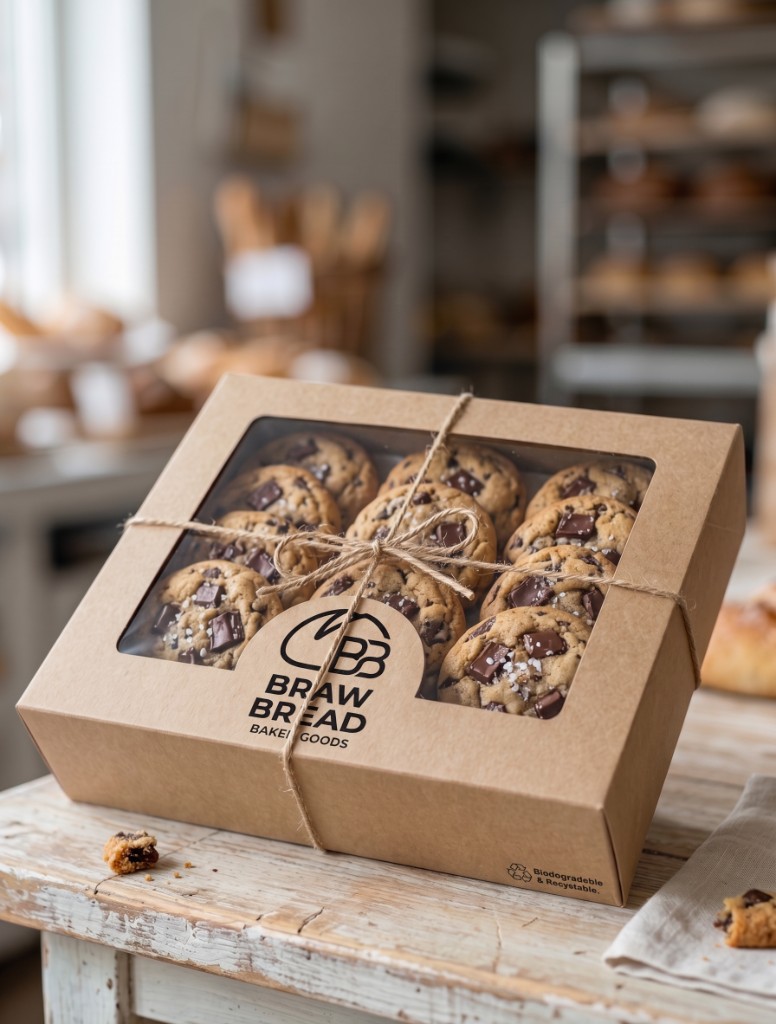 A kraft box of sea salt chocolate chip cookies, tied with twine, printed with the Braw Bread mark.