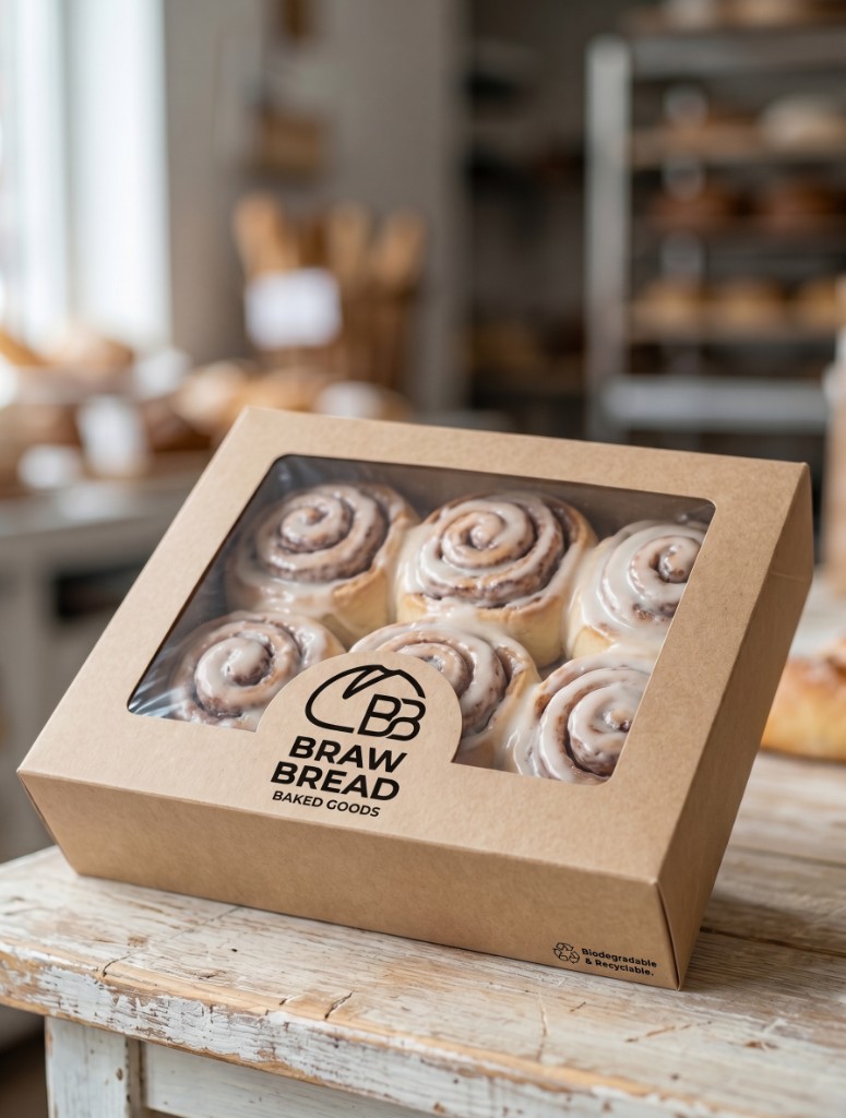 Iced cinnamon rolls packed in a kraft bakery box with a window, branded Braw Bread.
