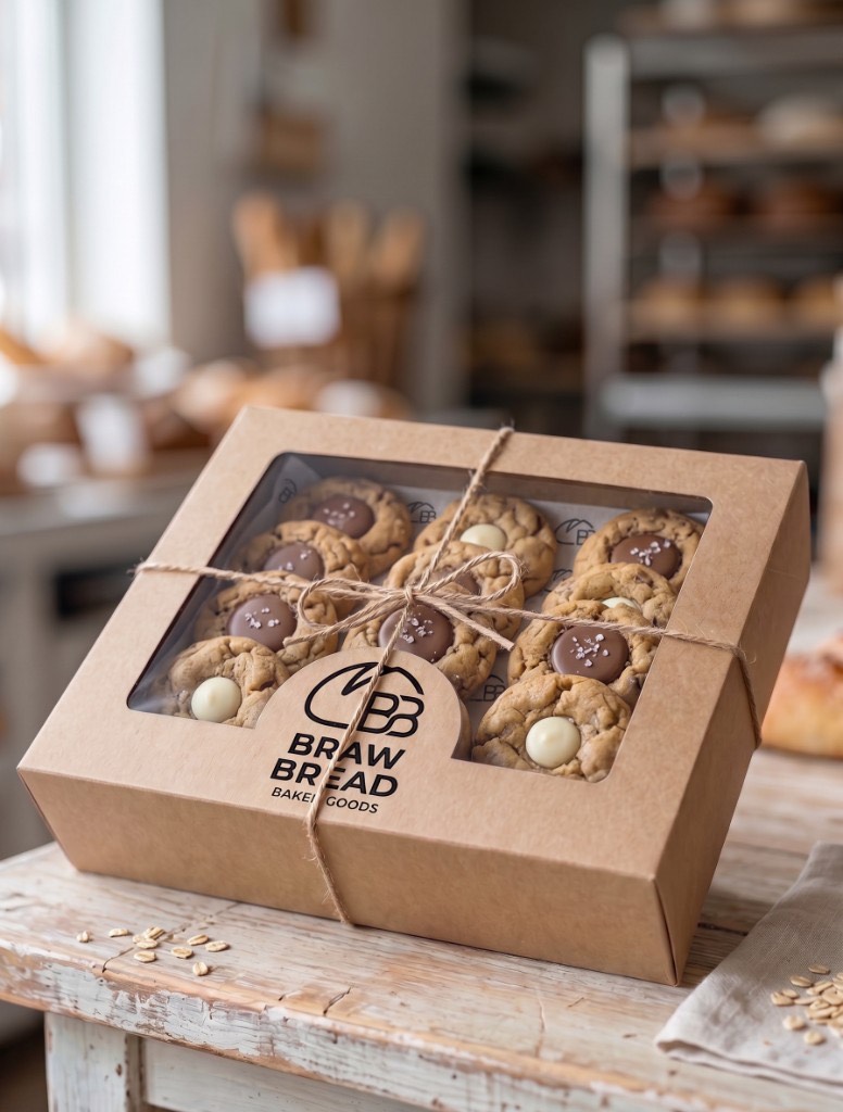 A kraft Braw Bread box of Simple Dimples: thick cookies with milk chocolate buttons and sea salt, tied with twine.
