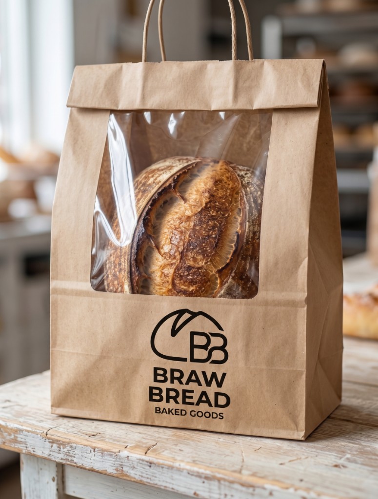 A Braw Bread sourdough loaf in a kraft paper bag with a clear window, on a wooden bakery table.